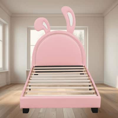 Charming Twin Size PU Leather Upholstered Leather Platform Bed Frame with Adorable Rabbit Ornament for Kids Bedroom