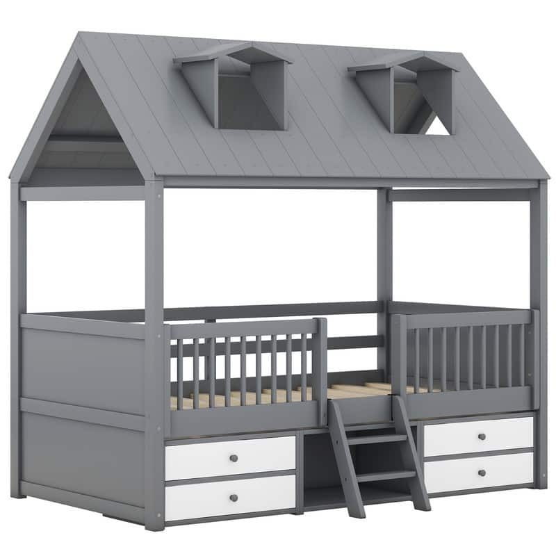 Twin Size Wood House Bed with Roof and Drawers