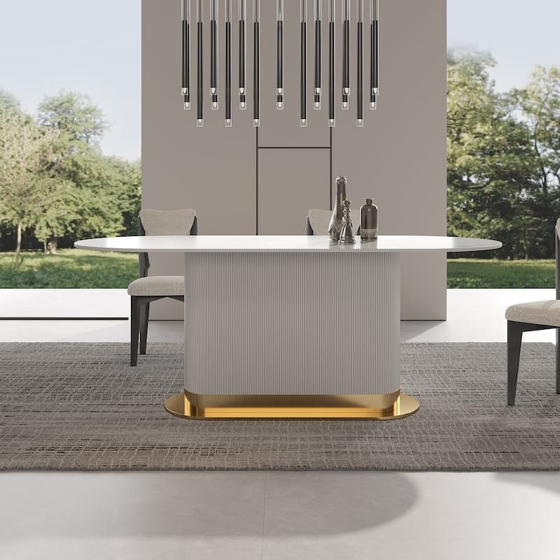 Modern Oval White Snowmass Stone Top Ammonites Leather Titanium Stainless Steel Pedestal Dining Table - 10 Seats - White