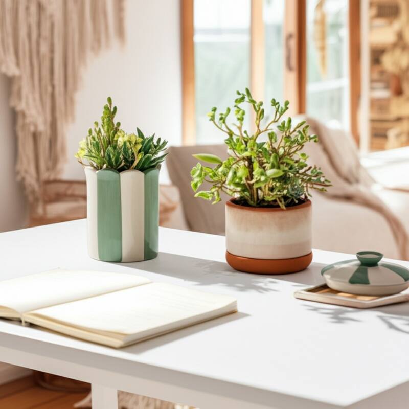 Boho Striped Ceramic Storage Container with Scalloped Rim - 4"