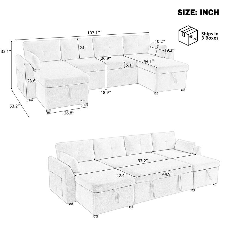 107" U-Shaped Sleeper Sectional Sofa with Storage & USB Ports - Modern Convertible Sofa Bed for Living Room