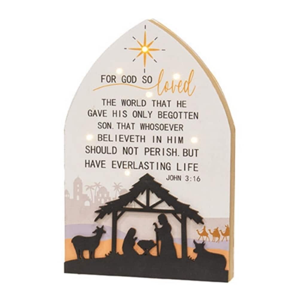 Nativity Silhouette Plaque with LED Lights Wooden Christmas Decor Holy Family Scene John 3 16 Religious Gift