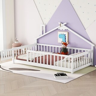 Twin Pine Wood House-Shaped Bedside Floor Bed with Guardrails, Door, Kids Girls Boys Bed Frame, No Need Spring Box, White - Door