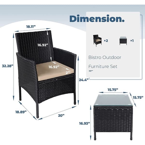 dimension image slide 2 of 9, Pheap Outdoor 3-piece Cushioned Wicker Bistro Set by Havenside Home