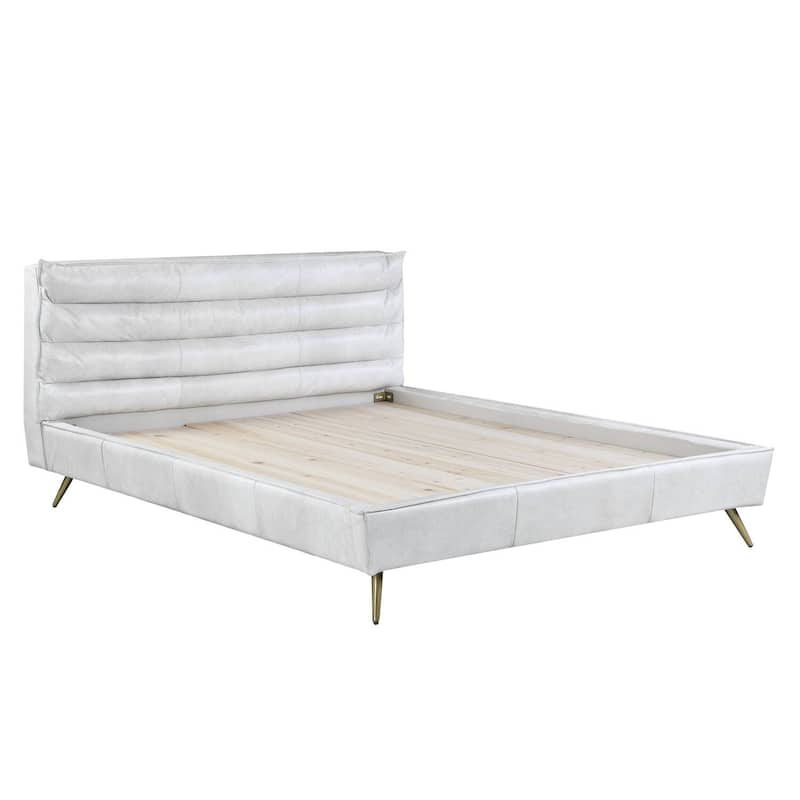 Boho Queen Bed - Vintage White Leather Upholstered Bed Frame - Modern Bedroom Furniture