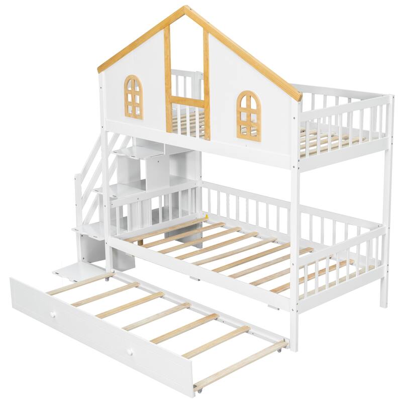 Fairytale Bunk Bed with Window Door House-shaped Roof Frame and Storage Staircase, Optional with Storage Drawers or Trundle Bed
