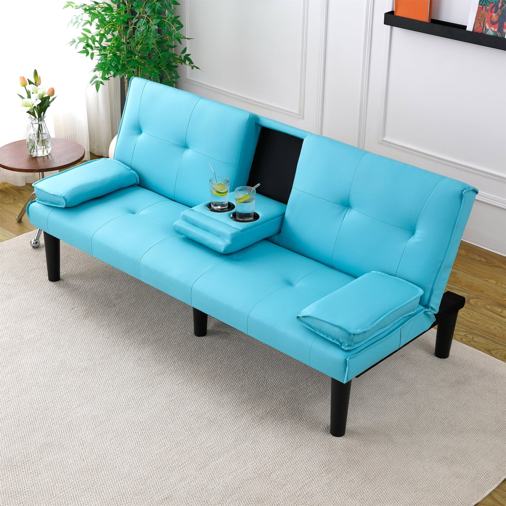 67-inch Blue Faux Leather Convertible Sofa Bed with Cup Holders, Twin Size Sleeper for Small Spaces