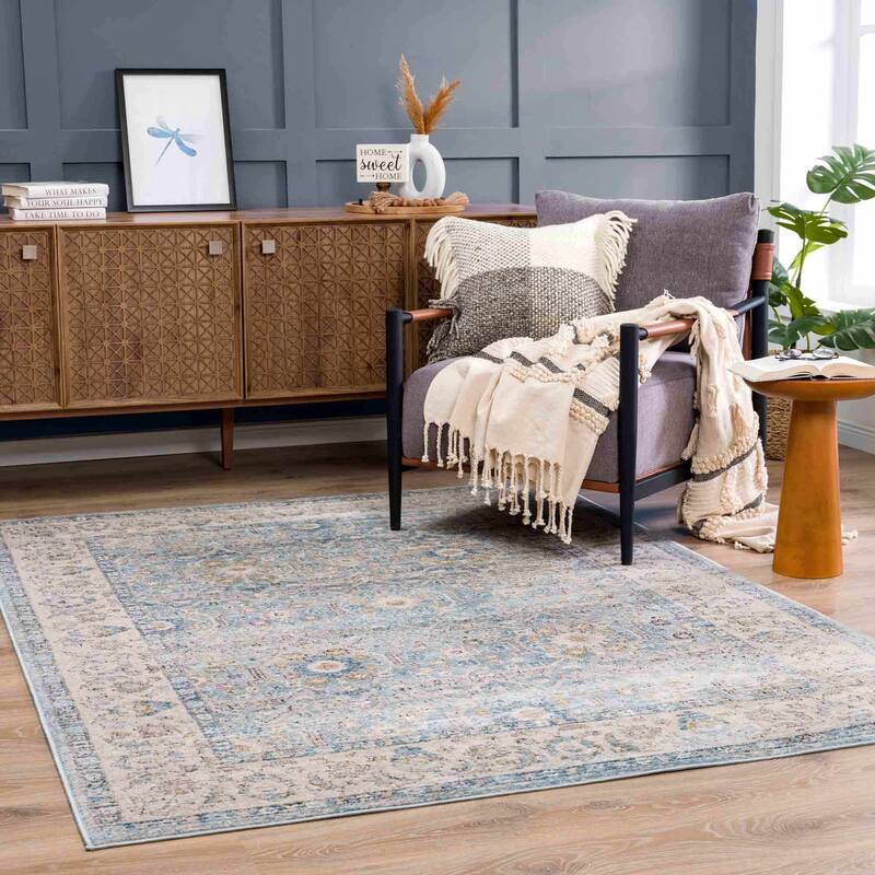 Hauteloom Anana Traditional Oriental Vintage Area Rug - 7'10" x 10' - Silver Blue, Light Beige, Light Grey / Anana