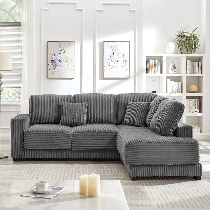 L-shaped Sectional Sofa with Reversible Chaise Lounge and Pillwo Corduroy Upholstered Couch with Removed Sofa Covers - Grey