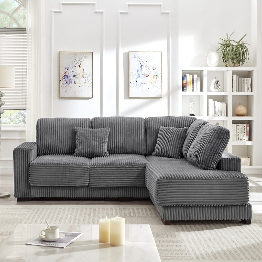 L-shaped Sectional Sofa with Reversible Chaise Lounge and Pillwo Corduroy Upholstered Couch with Removed Sofa Covers