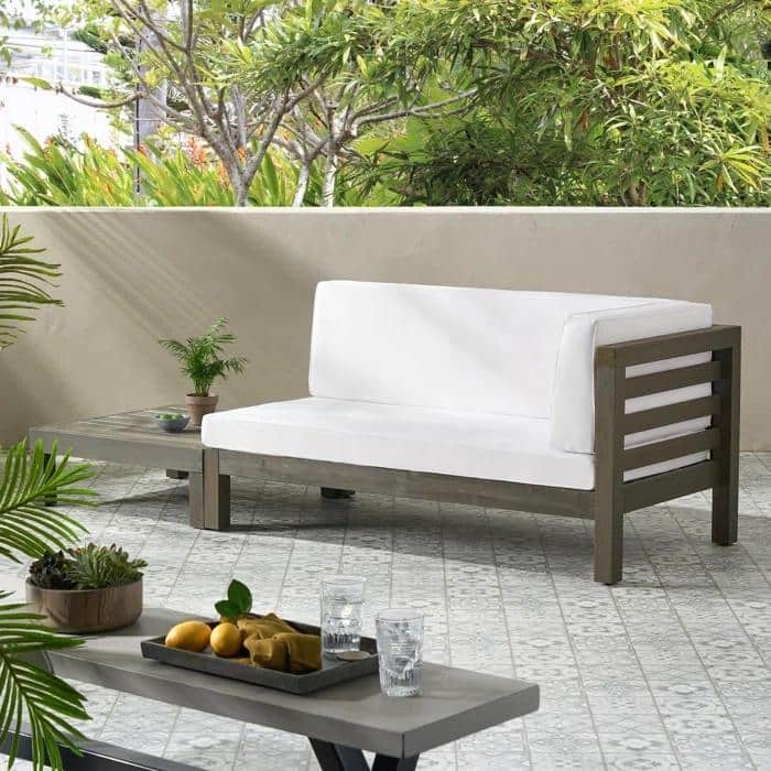 Roomfitters Right Corner Bench with Coffee Table, Outdoor Wooden Patio Sofa with Cushions for Garden or Porch