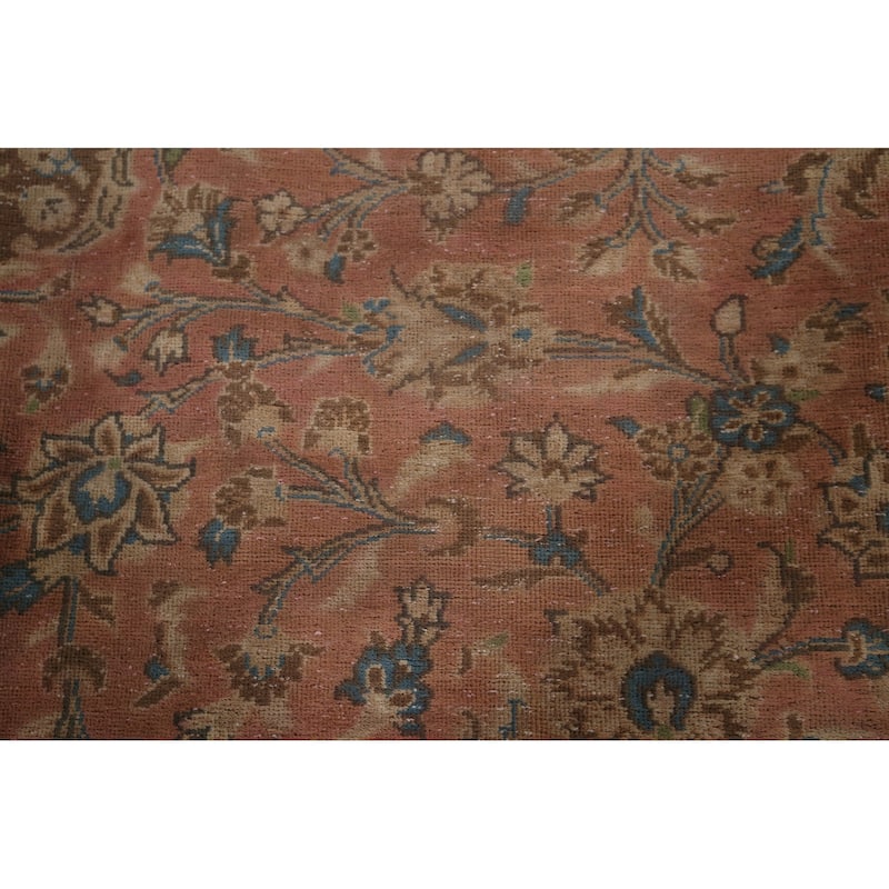 Distressed Mashad Persian Vintage Rug Hand-Knotted Pink Wool Carpet - 9'7"x 12'10"