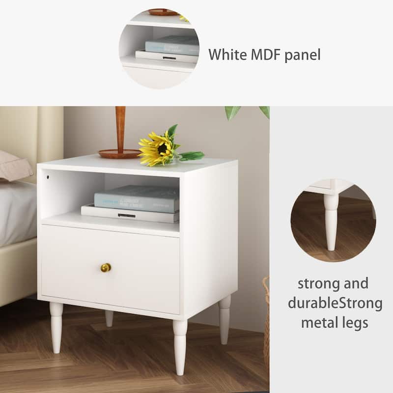 Modern Nightstand with Drawer and Open Shelf, Bedside Table with Gold Knob, Solid Wood Legs, Small End Table for Bedroom