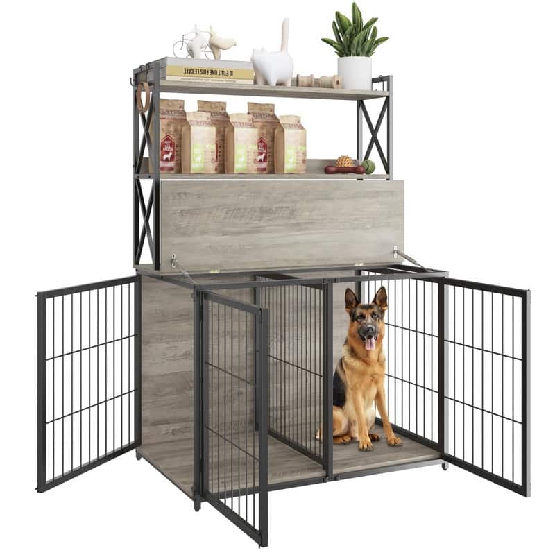 Heavy Duty Dog Crate Furniture 4Door Wooden Kennel with Storage Shelves Flip Door - Grey