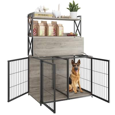 Heavy Duty Dog Crate Furniture 4Door Wooden Kennel with Storage Shelves Flip Door