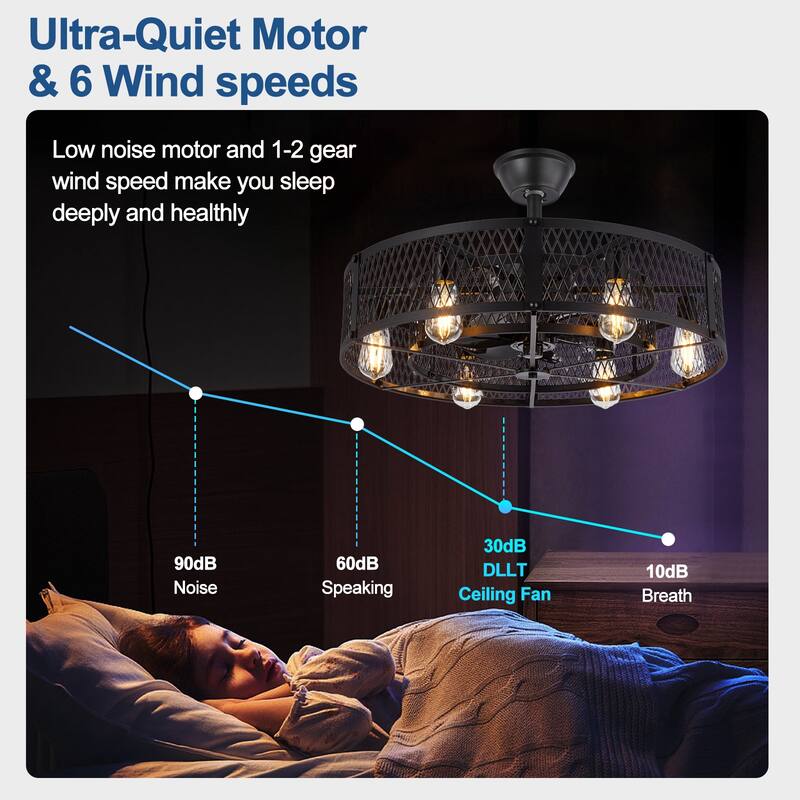 20-26" Caged outdoor Ceiling Fan with Light: Remote App Control-Farmhouse Fandelier Flush Mount Fixture Reversible 6 Speed Timer
