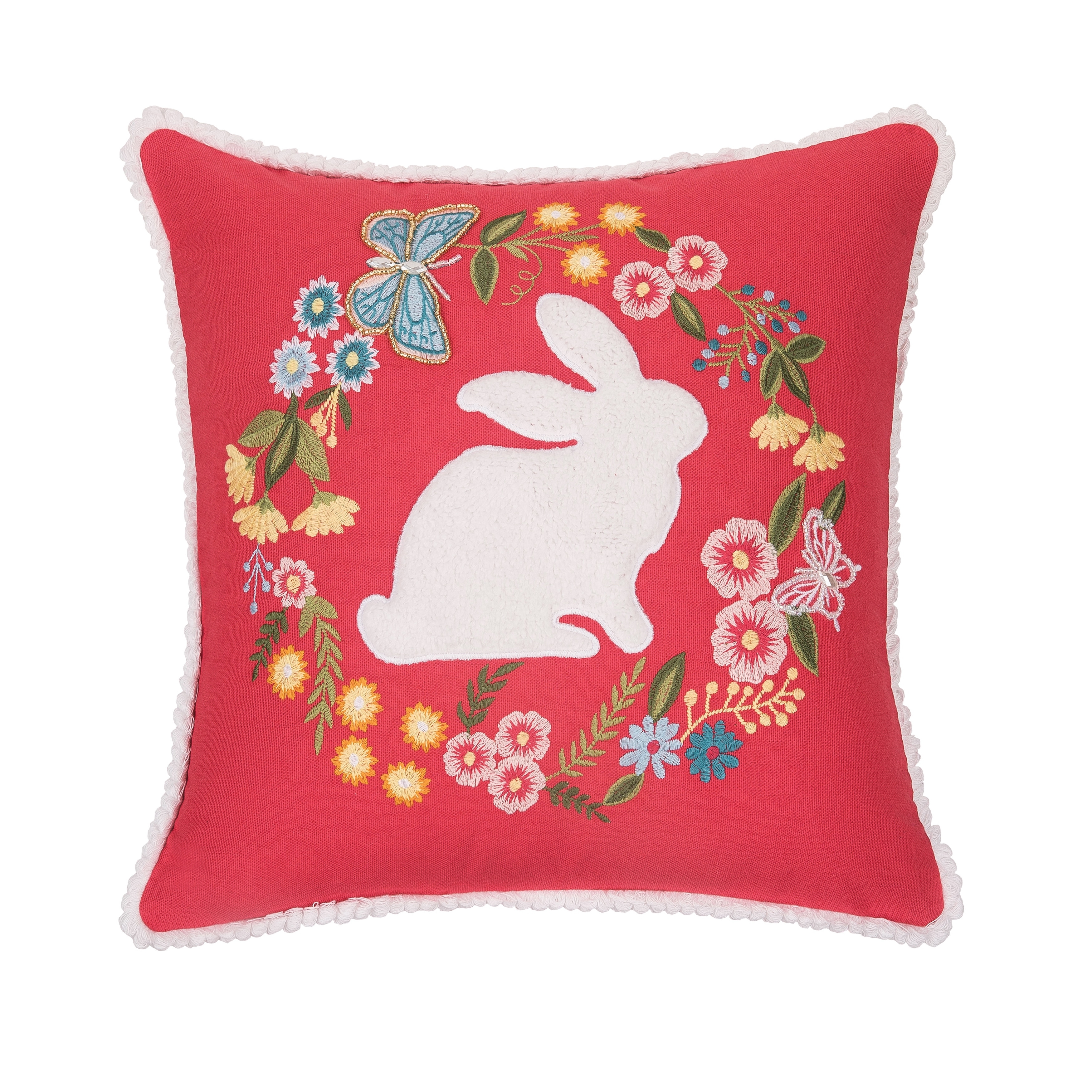 16" x 16" Spring Bunny Applique and Embroidered Wreath Decorative Throw Pillow