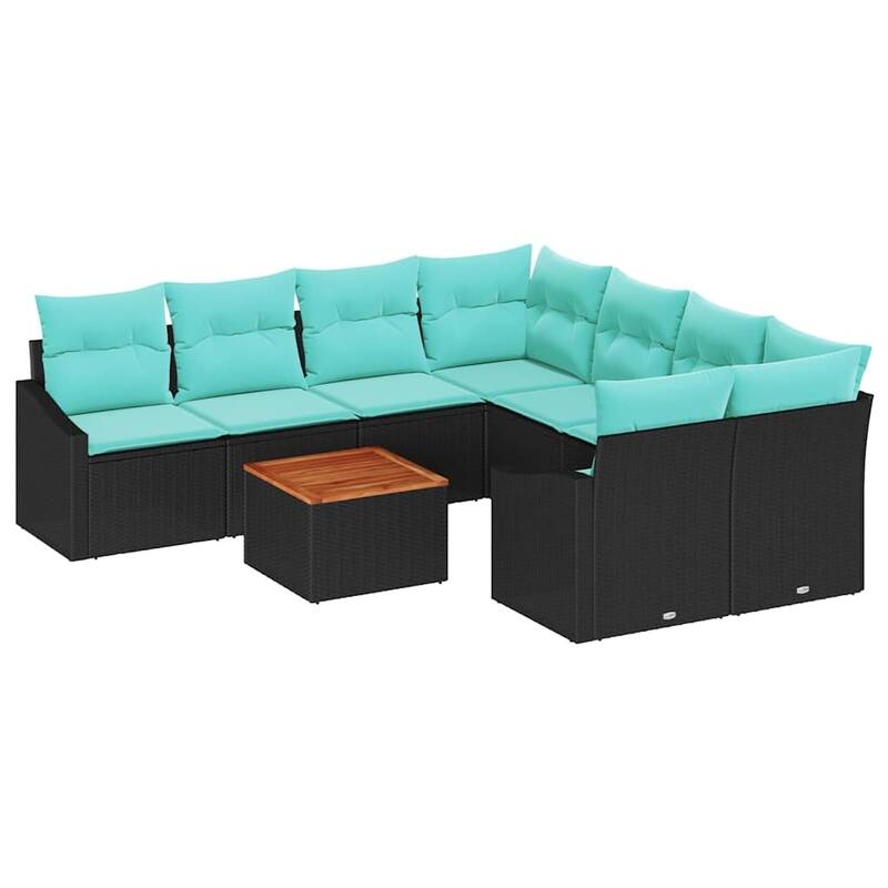 vidaXL 9 Piece Garden Sofa Set with Cushions Black Poly Rattan Acacia - 91.9×92.1×27.2