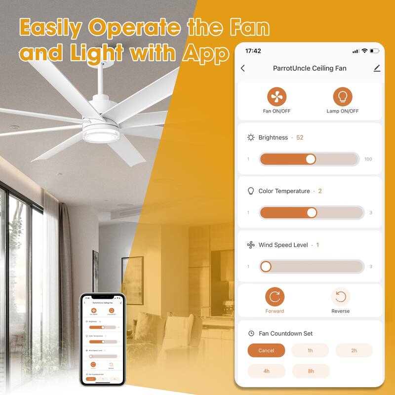 72" Modern White Large Smart Ceiling Fan with Light and Remote, App Control, Voice Control