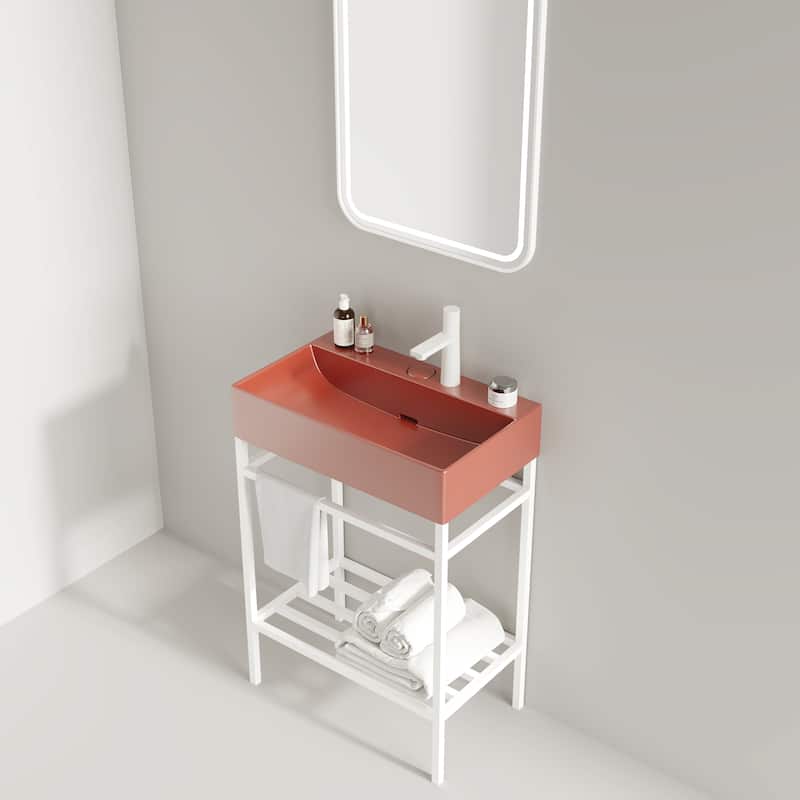 24" Bathroom Vanity with Ceramic Sink, Glossy Red Rectangular Basin, Freestanding Design with Open Metal Le