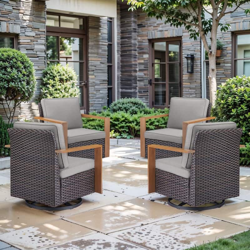 Pocassy Outdoor Patio Chairs Set for Garden Yards - 4 Pieces Swivel Chairs - Brown Wicker Gray Cushion