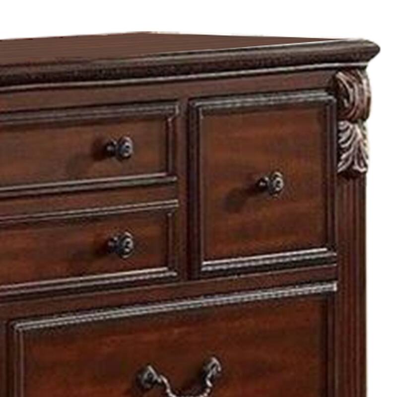 Miri 59 Inch 8 Drawer Dresser, Brass Carved Trim Accents, Cherry Oak Brown