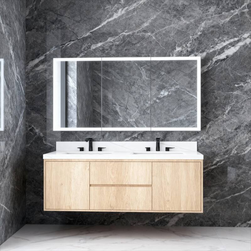 Rectangular Aluminum Recessed/Surface Mount Medicine Cabinet in Silver with Mirror LED and Clock - Silver - 60'' x 5.4'' x 30''