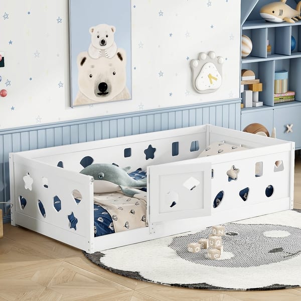 slide 2 of 11, Twin Size Floor Bed with Heightened Safety Guardrails and Door, Solid Wood Bedframe with Rails White