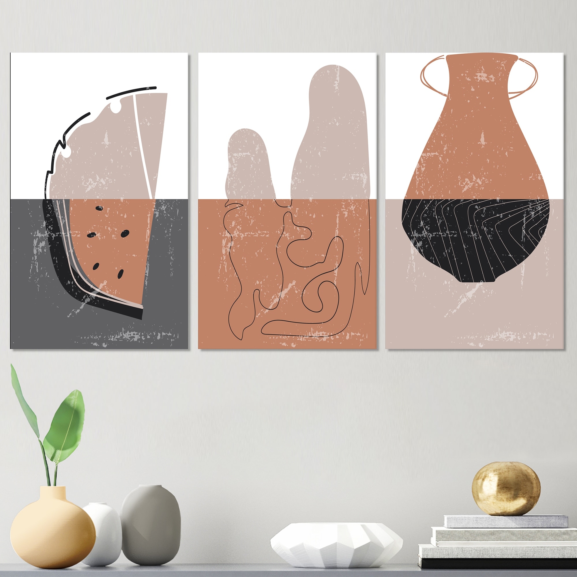 Designart Grey Brown Minimalist Vintage Doodles Modern Contemporary Wall Art-image