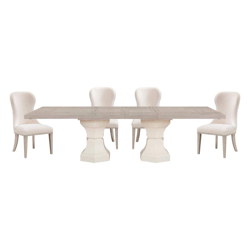 Modern Dining Set Extendable Table Armchairs Side Chairs Ivory Fabric Upholstered Furniture - 5pc Set