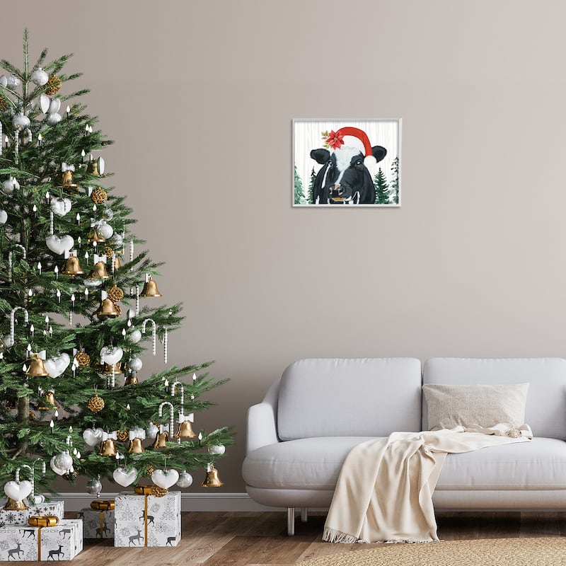 Stupell Christmas Hat Cow Portrait Framed Giclee Art Design By Ashley Justice