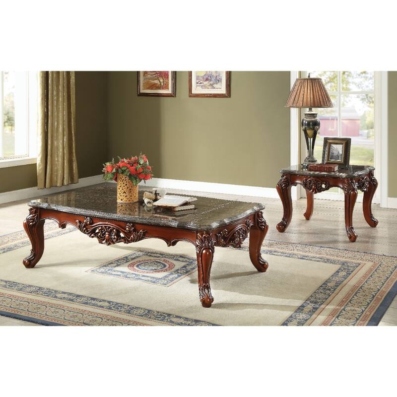 Traditional Style Rectangular Wood and Marble Coffee Table, Walnut Brown
