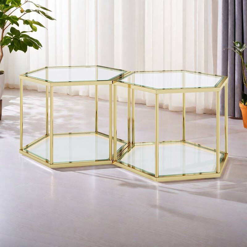 1+1,23.62" Stainless Steel Coffee Table with Gold Stainless Steel Frame and Polygonal Design - Gold