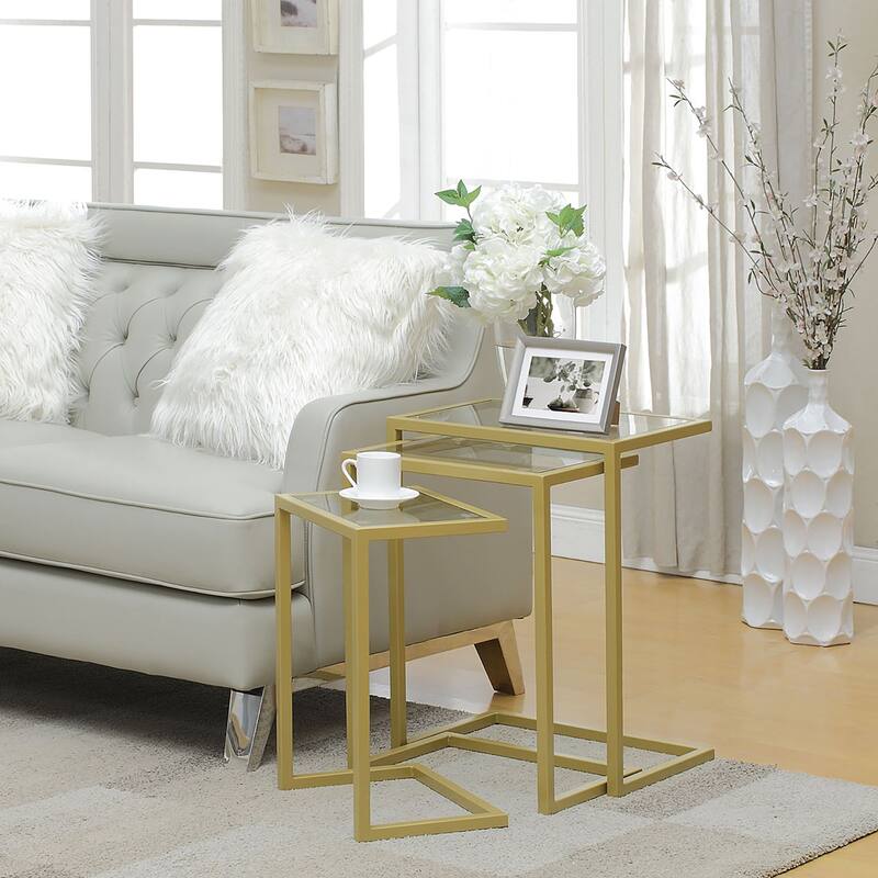 Set of 3 Gold Nesting Tables with Rectangular Glass Top 23.5"