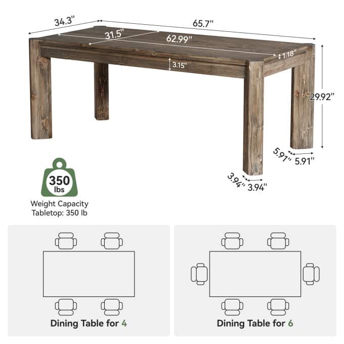 63-Inch Solid Wood Dining Table, Farmhouse Kitchen Table For 4-6