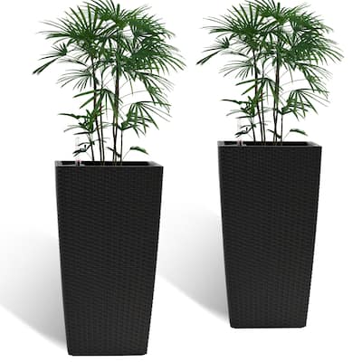 Square Planter for Indoor or Outdoor Use, 22-Inch High Faux Rattan Design Flower Pot with Automatic Watering System(Pack of 2)