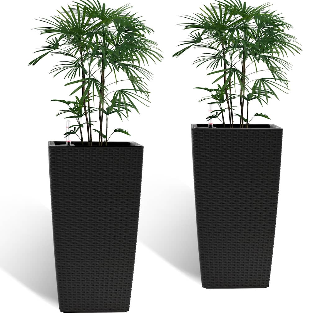 Square Planter for Indoor or Outdoor Use,22-Inch High Faux Rattan Design Flower Pot with Automatic Watering System