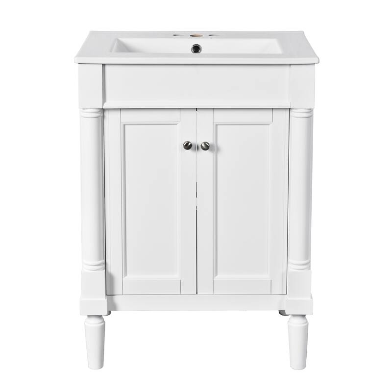 24 Inch Bathroom Vanity with Ceramic Top Sink, Freestanding Single Sink Vanity with Storage Shelves, Modern Style