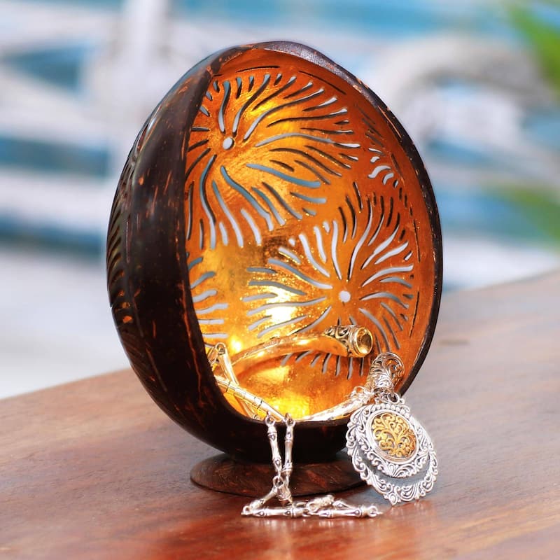 Handmade Golden Fireworks Coconut Shell Catchall (Indonesia) - 5.5" H x 3.9" W x 3.1" D