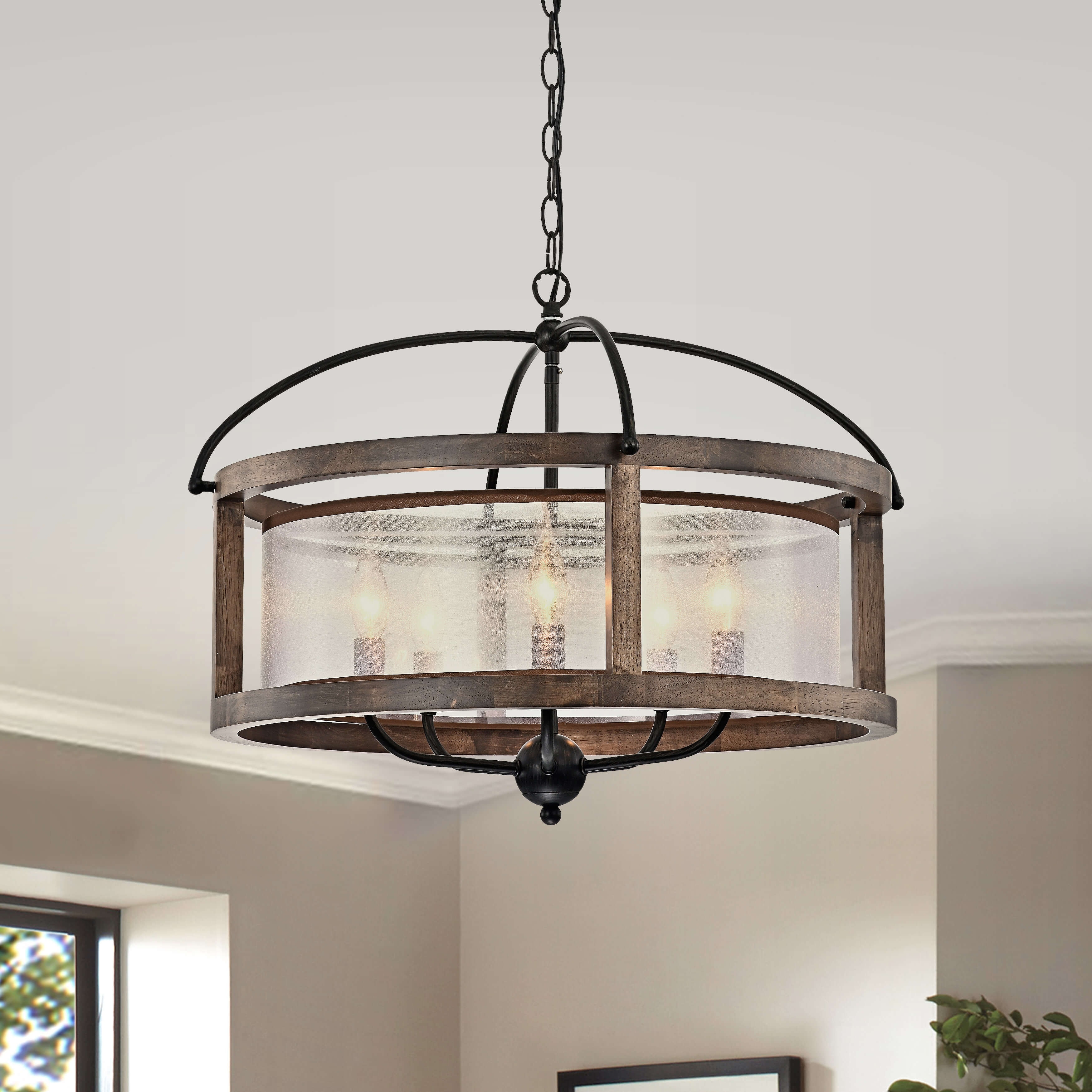 Alina antique black metal natural wood flush cheap mount with fabric shade