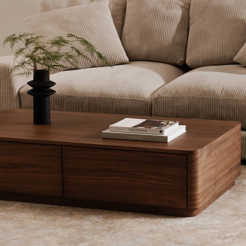 NADAAL STUDIOS Odette Coffee Table, Rectangle Walnut Veneer Top with Rubber Wood Base, Scandinavian Design, 4 Drawers, Brown