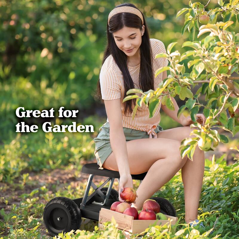 Gardening Stool - Rolling Garden Seat with Wheels and Storage Tool Tray by Pure Garden