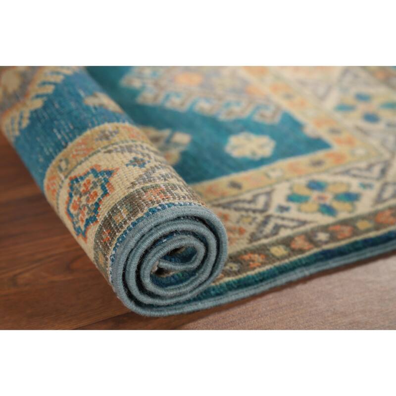 Hand Knotted Oriental 100% Wool Carpet Traditional Geometric Navy Blue & Blues Kazak Area Rug - 3' 0'' X 1' 11''