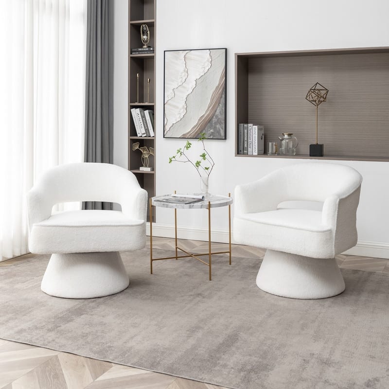 SEYNAR Modern Glam Open Back Velvet Upholstered Round Swivel Accent Arm Barrel Chair for Living Room Set of 2 - White