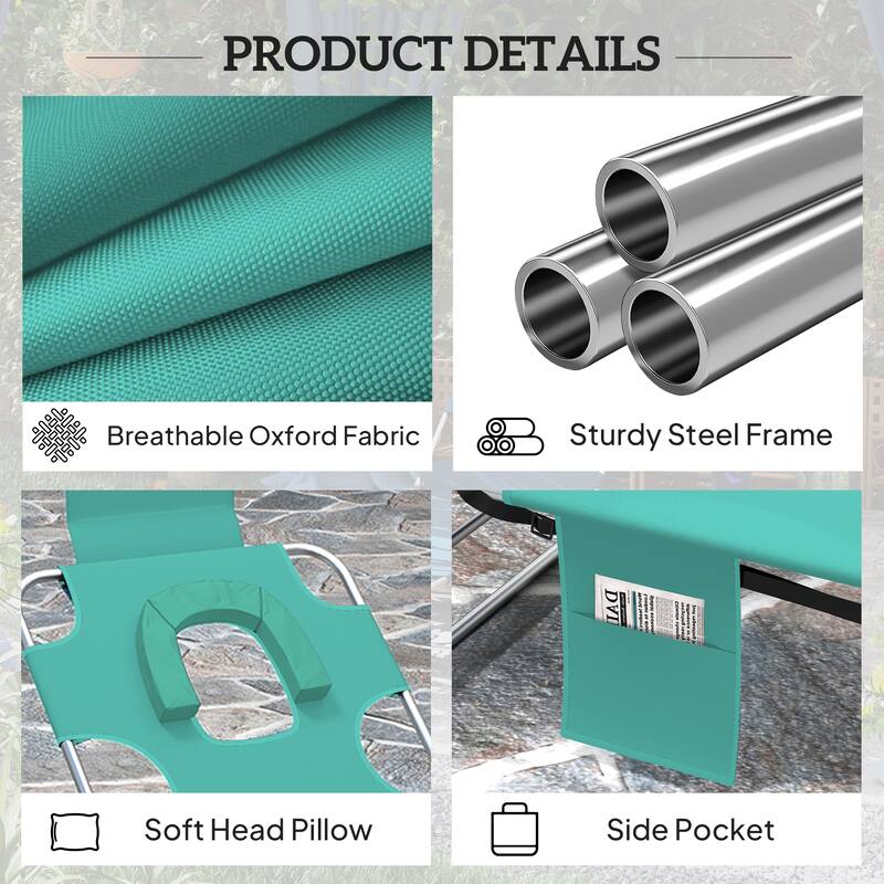 Outsunny Folding Beach Lounge Chair with Face Hole and Arm Slots, 5-level Adjustable Sun Lounger Tanning Chair with Pillow