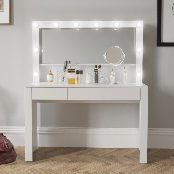 Boahaus Calliope Dressing Table, White, 3 drawers, wide mirror, Light