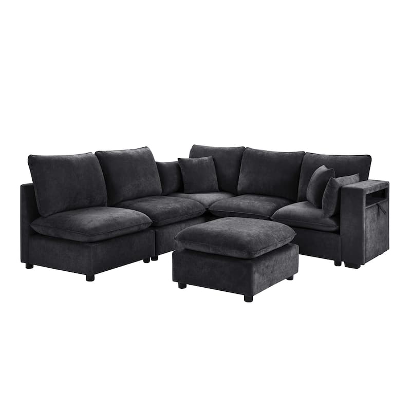 Smooth Chenille Sectional Sofa U-Shaped Modular Sofa Bed L-Shaped Couch with Movable Ottoman, Storage Armrests and USB Ports