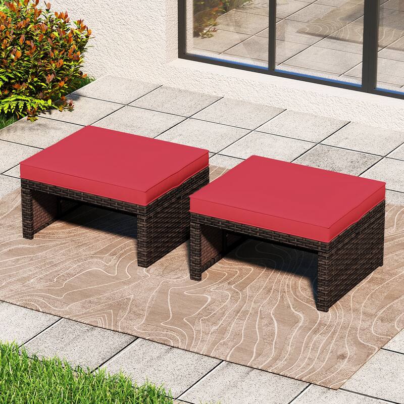 Set of 2 Outdoor Rattan Footstools Ottomans with Cushions for Patio Decor or Garden Seating - 16" L x 19" W x 9.5" H