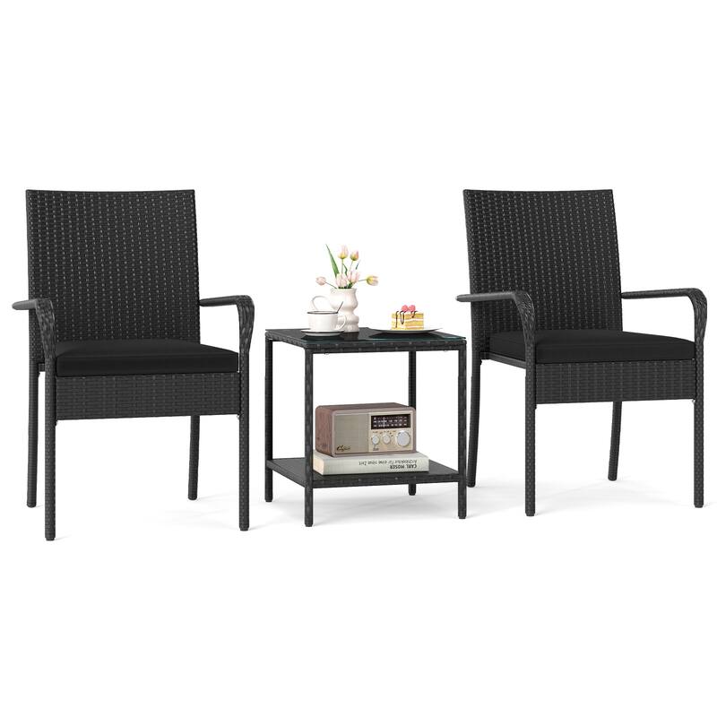 3 Piece Black PE Rattan Patio Set with Metal Frame, Cushions and Glass Table - Chair: 23" x 22.5" x 35"