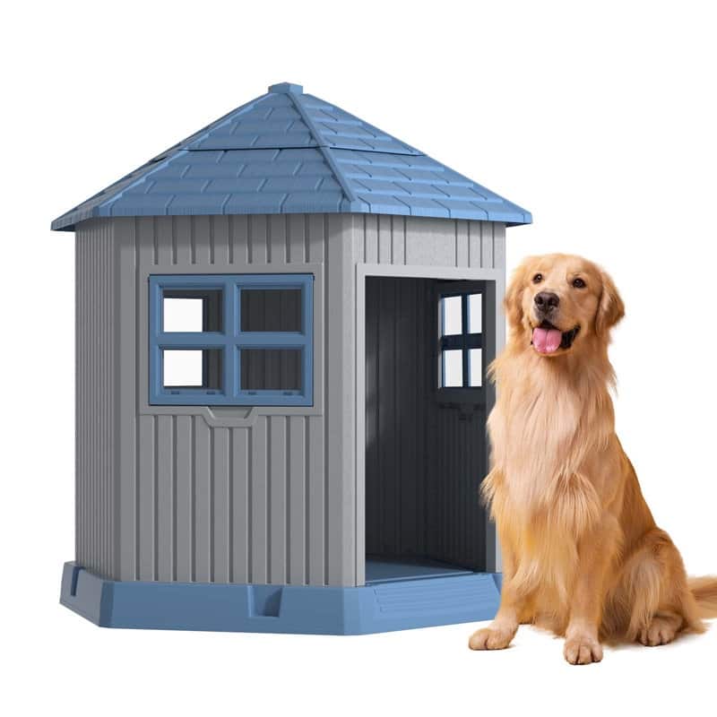 Fairytale Forest Dog House, Large Cabin Style Resin Pet Shelter, Open Front Door Design for Big Dogs, Enchanted Cottage - Blue